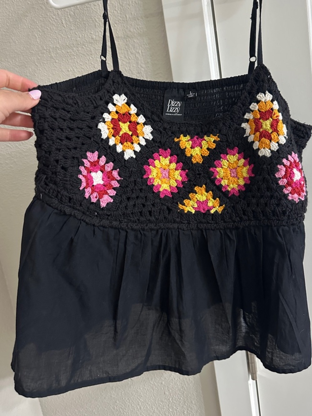 Pizazz Luzzy Black Crochet Camisole with Colorful Floral Motifs